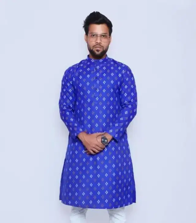 Cotton Printed Full Sleeves Kurta for Men (Blue, XL)