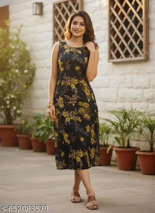Floral Printed Kurti for Women (Black, S)