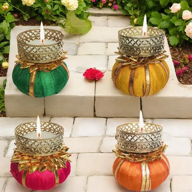 Metal Designer Tealight Candle Holder, Multicolor, 6x6x6 cm, Pack of 4