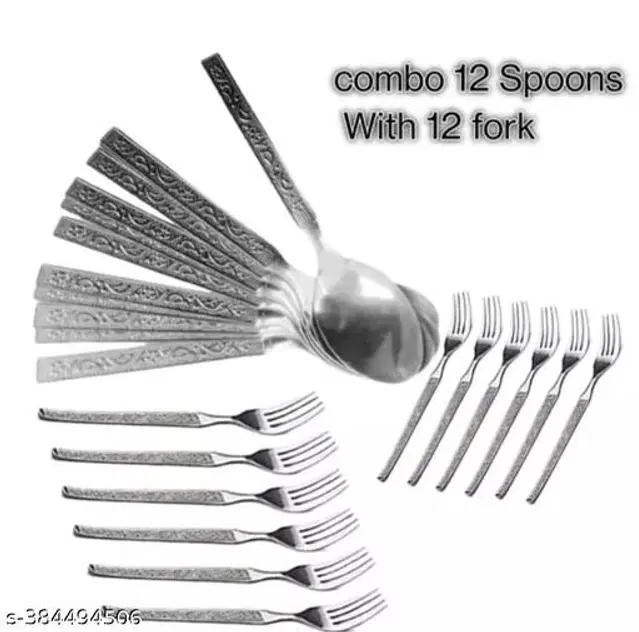 Stainless Steel Forks, 12 Pcs with 12 Pcs Spoons, Silver, Set of 2