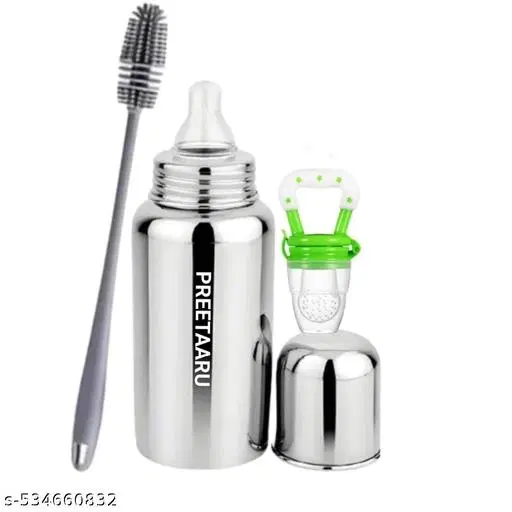 Steel Feeding Bottle, Soft Silicone Fruit Nibbler With Bottle Cleaning Brush