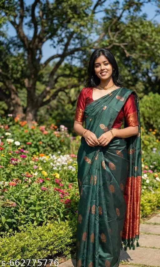 Banarasi Satin Silk Saree for Women (Green, Free Size)