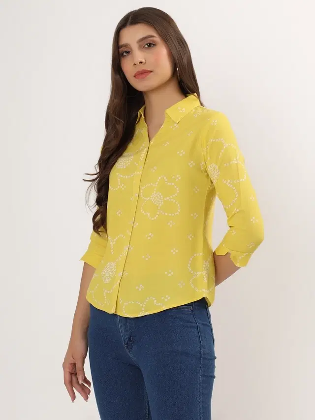 Rayon Printed Shirt for Women, Yellow (S)