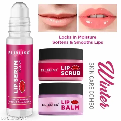 Elibliss Advanced Strawberry Lip Serum+Lip Balm+Lip Scrub for Brightening & Glossy Lips, Pack of 3
