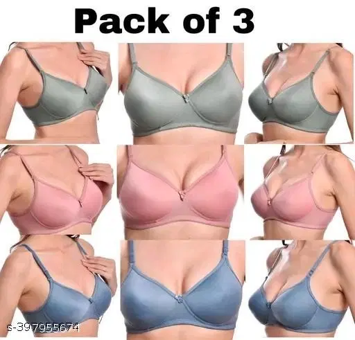 Cotton Blend Solid Bra for Women & Girls, Multicolour, Pack of 3 (36A)