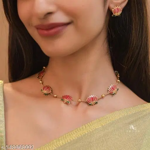 Golden Ball Advaita Enamel Lotus Short Neckpiece / Choker With Earring