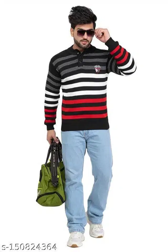 Woolen Sweater for Men (Red & Black, M)