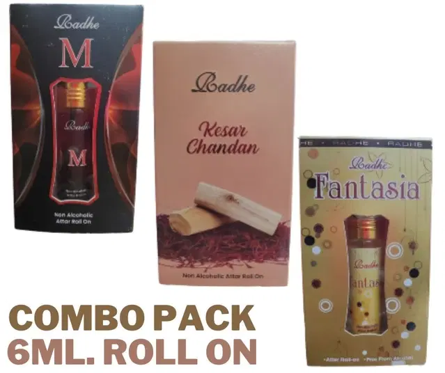 Combo of Radhe M with Kesar Chandan & Fantasia Non Alcoholic Roll On Attars for Men & Women, 6 ml, Pack of 3
