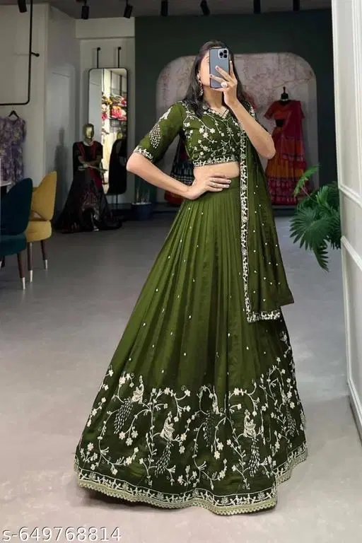 Embroidered Lehenga Choli for Women (Green, Semi Stitched)