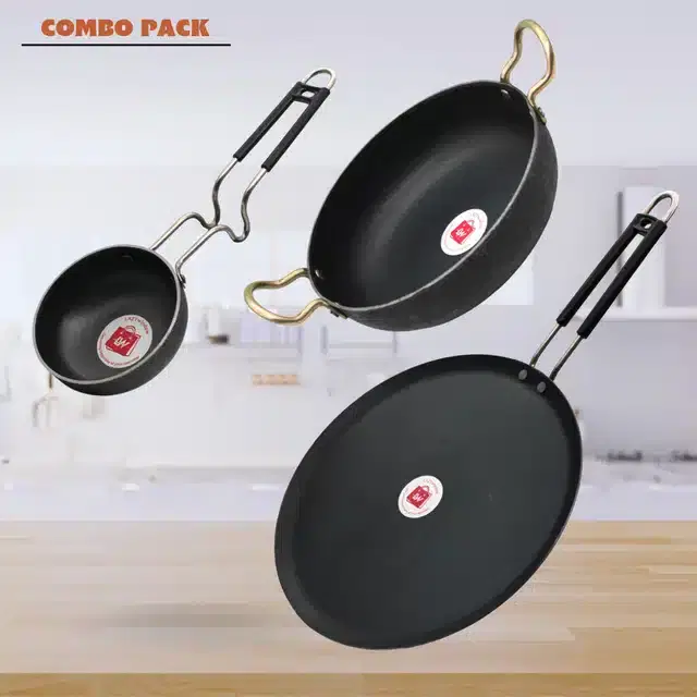 Frying Pan & Tawa Set, Pack of 3, Black, 1200 ml