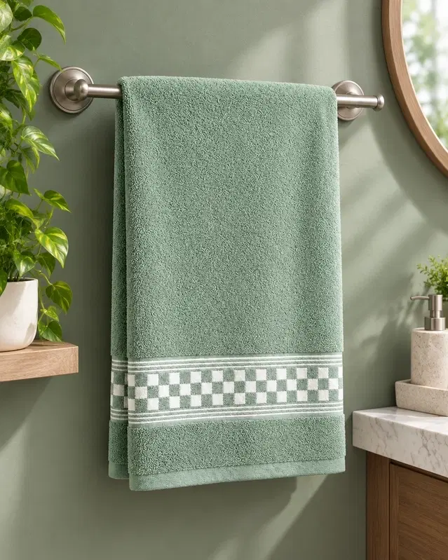 SimpleHome Checker Border Bath Towel 68x137cm 450gsm Cotton Blend 60:40 (Co:Poly) Green