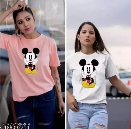 Cotton Blend T-shirt for Women, Pink & White, Pack of 2 (S)