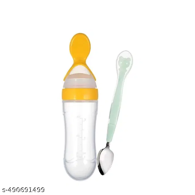 Combo of Feeder Bottle, 90 ml with Double Head Spoon for Baby, Yellow & Sea Green, Set of 2