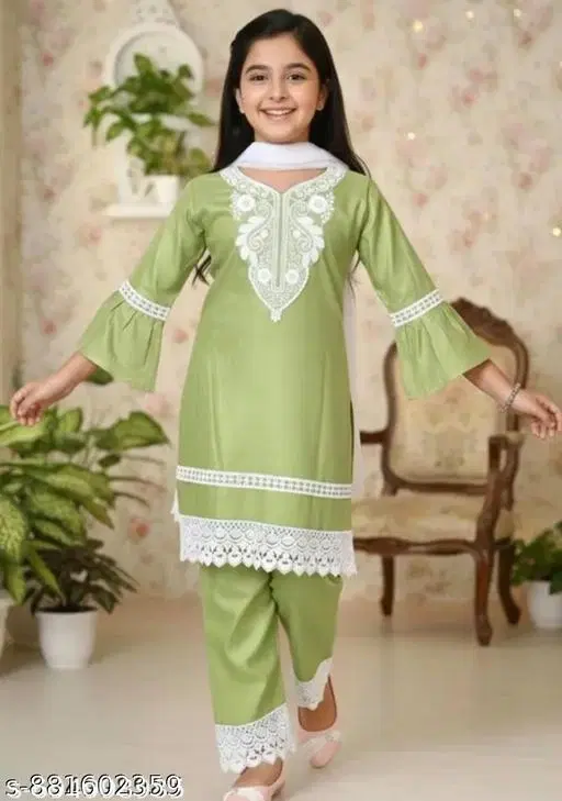 Rayon Kurta Set for Girls (Green, 8-9 Years)