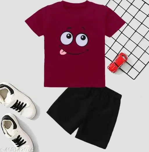 Cotton Blend Printed Clothing Set for Boys, Maroon (0-1 Months)