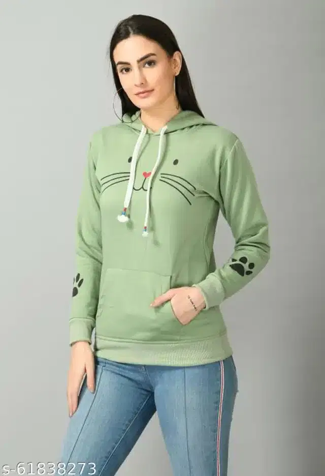 Fleece Printed Full Sleeves Hooded Sweatshirt for Women (Mint Green, XS)