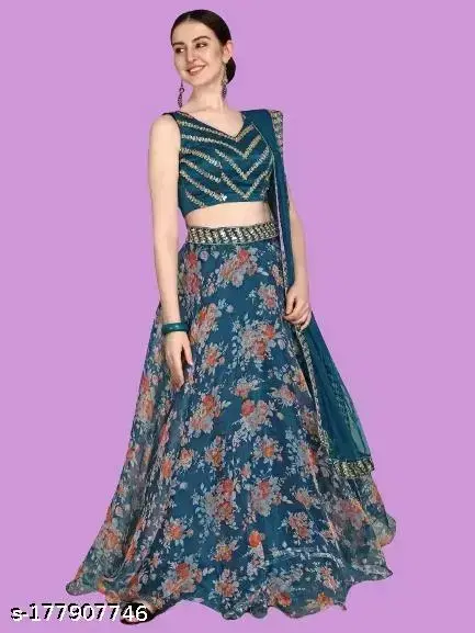 Net Embroidered Semi Stitched Lehenga Choli with Dupatta for Women, Teal