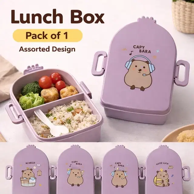 Lunch Box for Kids, Cartoon Lunch Box with Fork, Purple  (Assorted Any 1 Design)