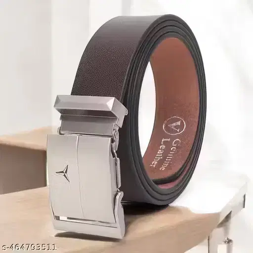 Brown Genuine PU Belt Featuring an Automatic Slider Buckle for Men
