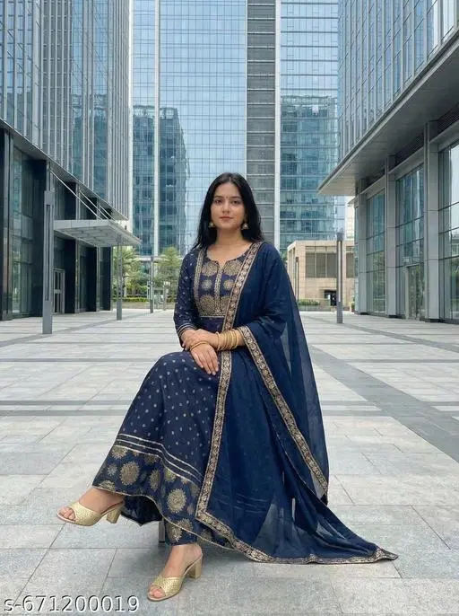 Printed A-line Kurta Set for Women (Blue, S)