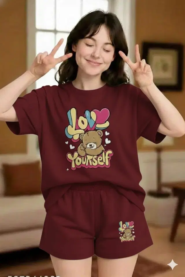 Cotton Blend Printed Top & Bottom Set for Women, Maroon (XS)