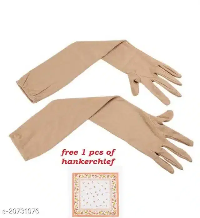 Cotton Hand Gloves with Handkerchief for Women, Set of 2 (Beige)