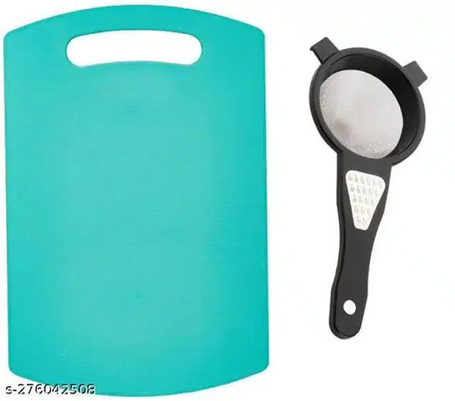 Plastic Chopping Board with Tea Strainer, Blue & Black, Set of 2