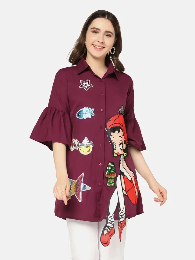 Half Sleeves Printed Shirt for Women (Wine, L)