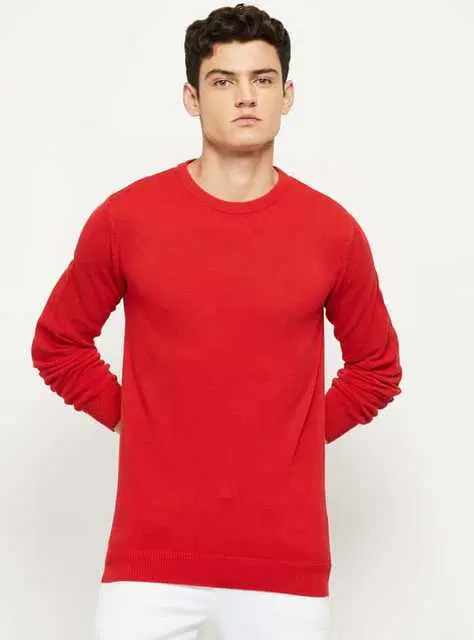 Round Neck Full Sleeve Sweater For Men (Red, M) (S100)