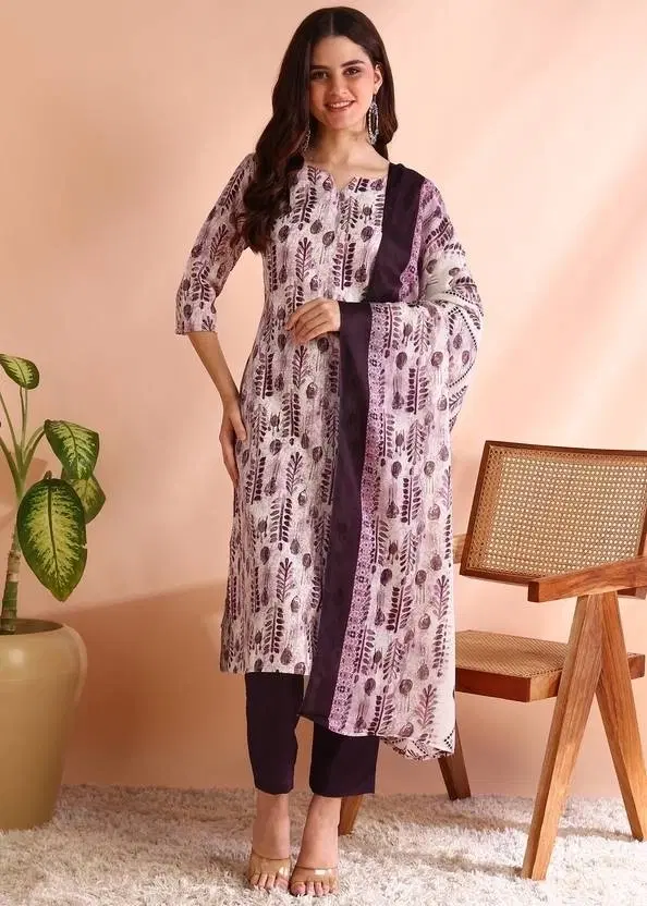 Cotton Printed Women's Kurta with Pant & Dupatta Set, Wine (S)