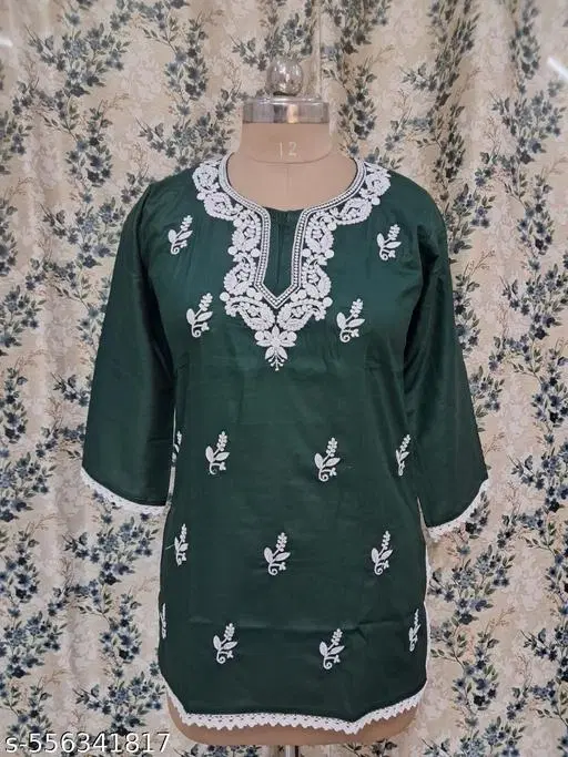 Cotton Chikankari Short Kurti for Women, Green (XXL)