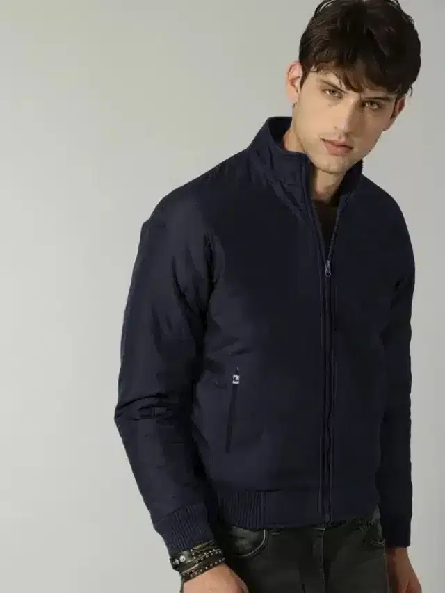 Polyester Solid Bomber Jacket for Men (Navy Blue, XL)