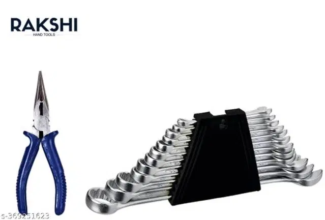 Combination Wrench Hand Tool Set, 12 Pcs with Long Nose Plier, Silver & Blue, Set of 2