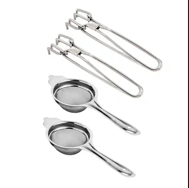 Tea Strainer & Tong, Pack of 4, Silver