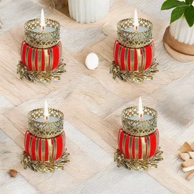 Metal Designer Tealight Candle Holder, Red, 5x5x6 cm, Pack of 4