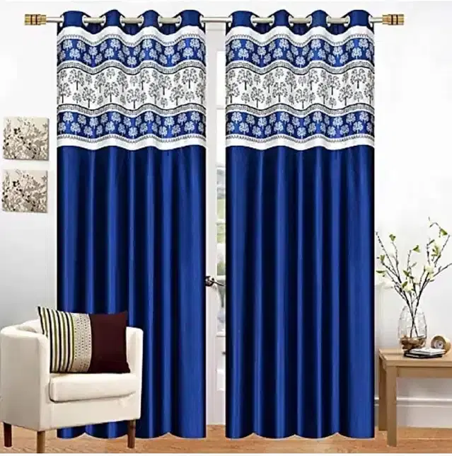 Polyester Patch Worked Window & Door Curtains, Pack of 2, Blue, 5 feet