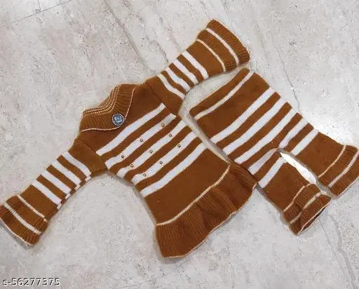 Acrylic Striped Clothing Set for Girls, Set of 1 (Brown & White, 0-3 Months)