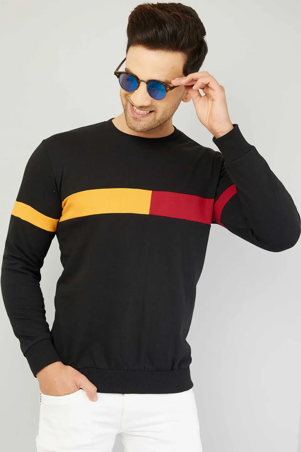 GESPO Mens Full Sleeve Colour Block Sweatshirt (Black, S) (S57)