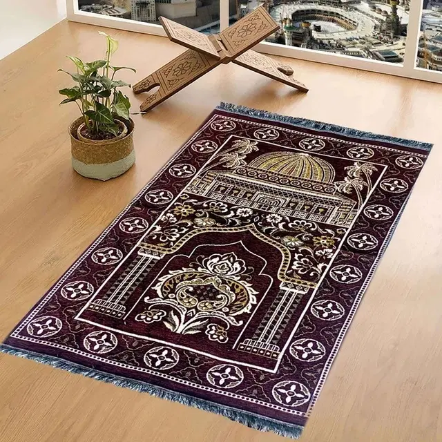 Qaleen Velvet Multipurpose Rug Mat for Jannamaz, Prayer & Meditation, 70x110cm, Maroon