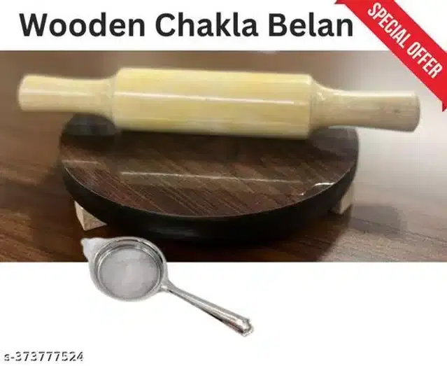 Wooden Chakla with Belan & Tea Strainer, Multicolor, Set of 3
