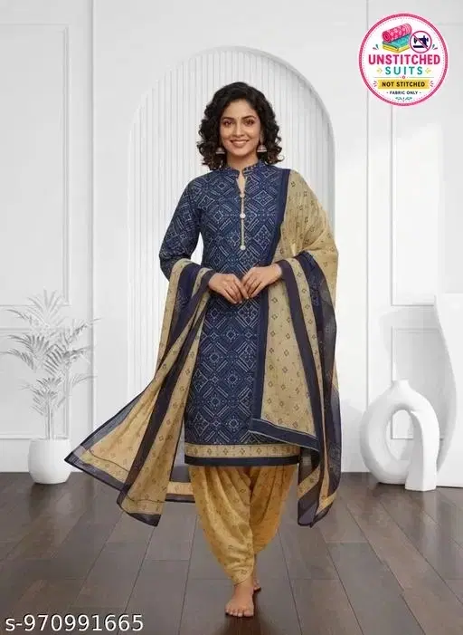 SIMPLYETHNIC Cotton Blend Printed Salwar Suit Set for Women (Yellow, L)