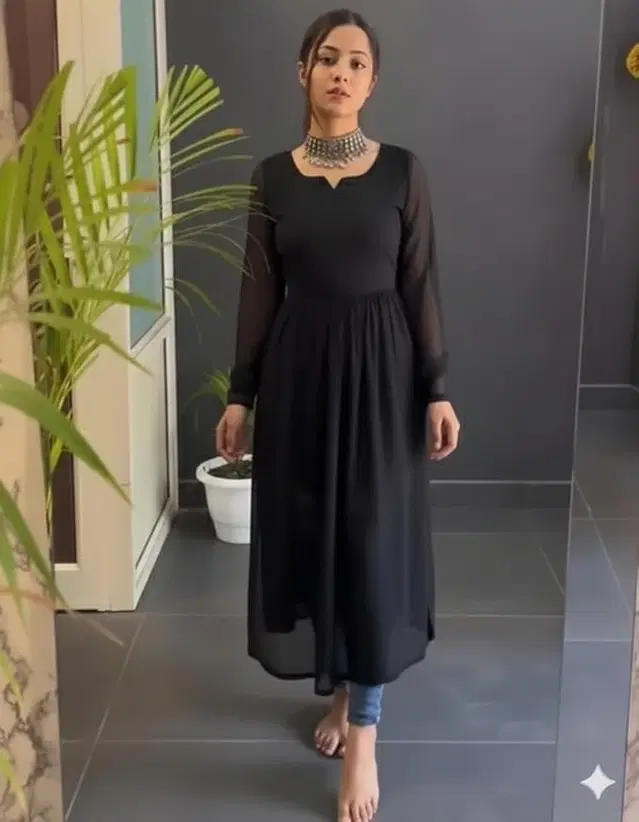 Georgette Straight Kurti for Women (Black, L)
