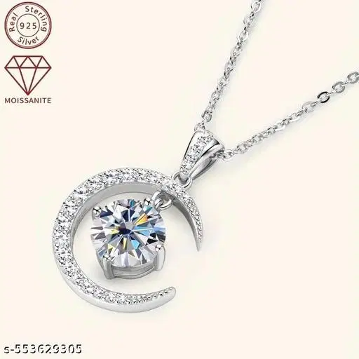 Sparkling Cubic Zirconia Sterling Silver Moon and Star Pendant Necklace