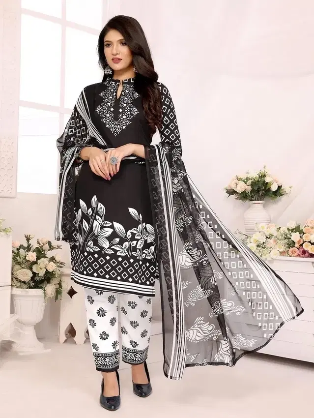 Crepe Kurti Material for Women (Black & White, Free Size)
