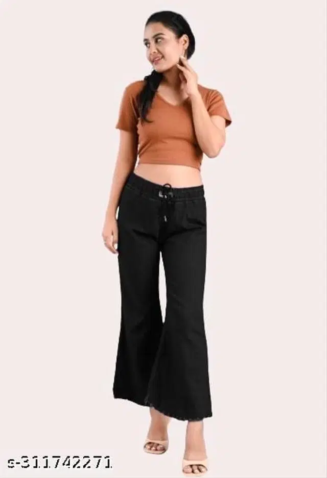 Denim Solid Trouser for Women (Black, 28)
