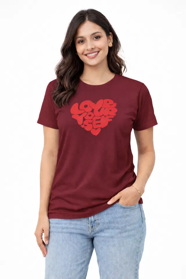 Casual Cotton Blend Tshirts for Women (Maroon, S)