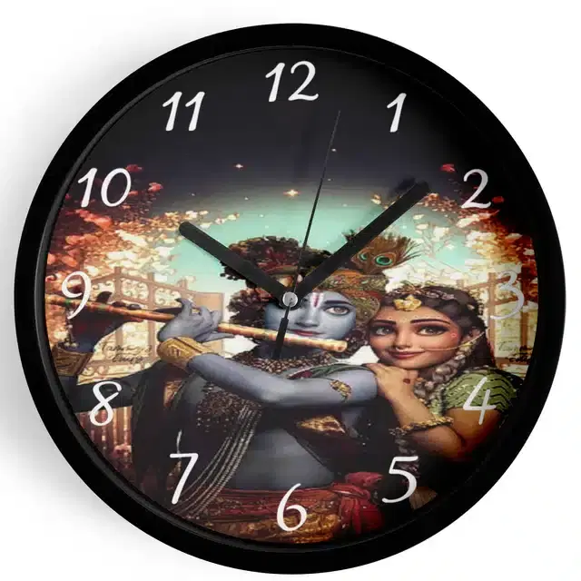 Analog Lord Krishna Wall Clock for Home, Black, 7 Inches
