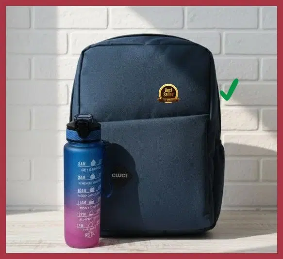 Polyester Backpack with Plastic Water Bottle Set for Men & Women, Navy Blue
