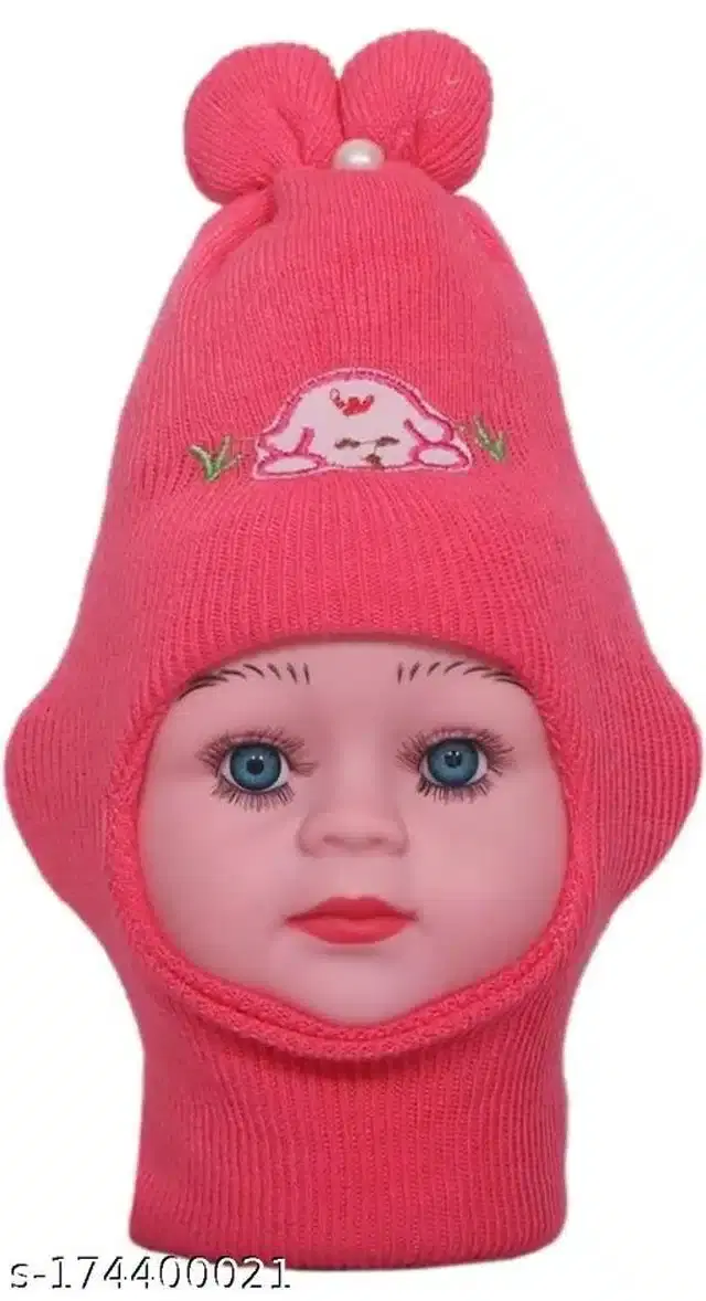 Woolen Neck Warmer & Cap for Kids (Pink, 0-3 Months)