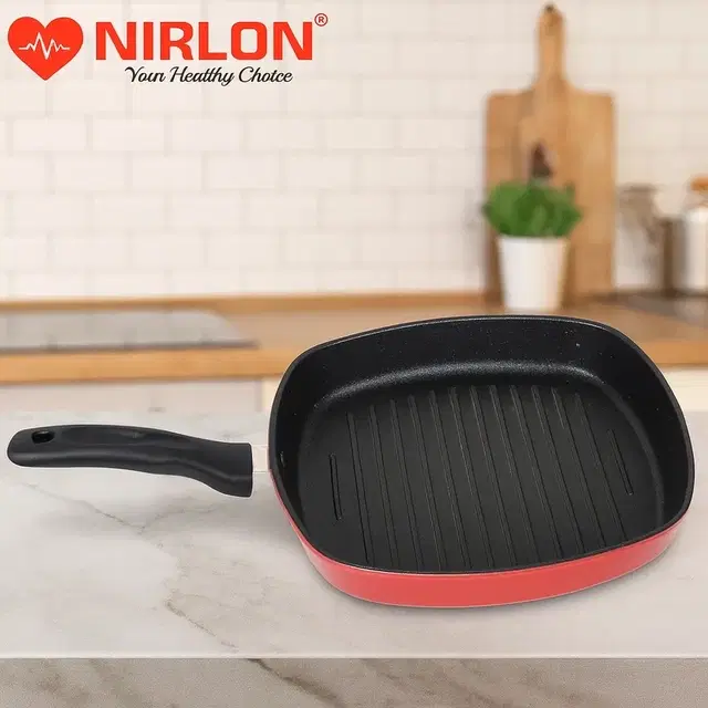 Nirlon Square Aluminium Nonstick Grill Pan, Red, 22.5 cm